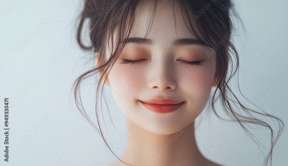 Asian girl closes her eyes, exuding a sense of relaxation and happiness, expression reflects a peaceful and content moment, highlighting her natural beauty and calm demeanor. Asian girl closes her eyes, exuding a sense of relaxation and happiness, expression reflects a peaceful and content moment, highlighting her natural beauty and calm demeanor.