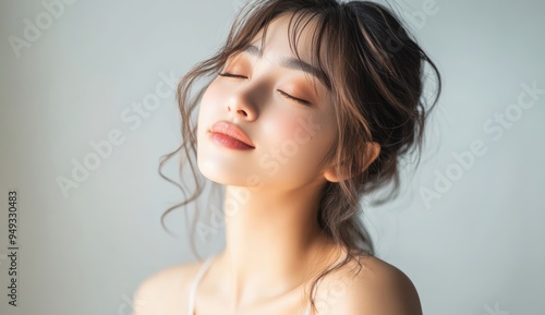 Wallpaper Mural Asian girl closes her eyes, exuding a sense of relaxation and happiness, expression reflects a peaceful and content moment, highlighting her natural beauty and calm demeanor. Torontodigital.ca