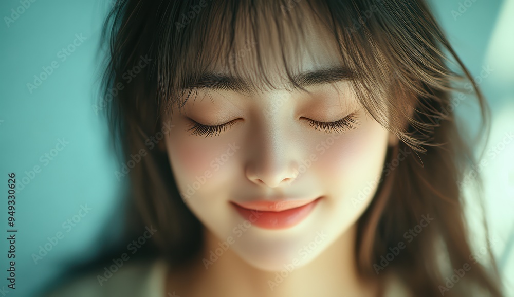 Asian girl closes her eyes, exuding a sense of relaxation and happiness, expression reflects a peaceful and content moment, highlighting her natural beauty and calm demeanor. Asian girl closes her eyes, exuding a sense of relaxation and happiness, expression reflects a peaceful and content moment, highlighting her natural beauty and calm demeanor.