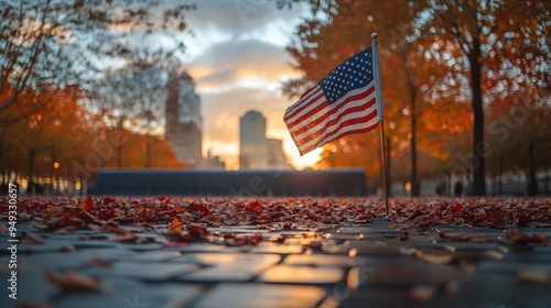 Ground Zero Memorial with an American flag and the autumn foliage creating a serene atmosphere