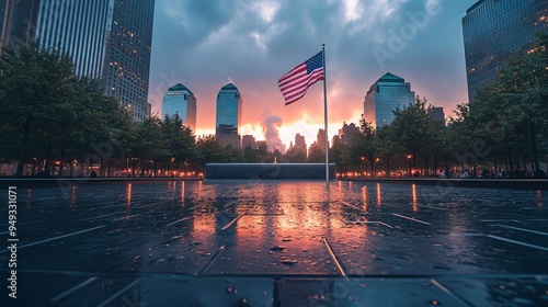 Ground Zero Memorial at dusk with an American flag blowing in the breeze