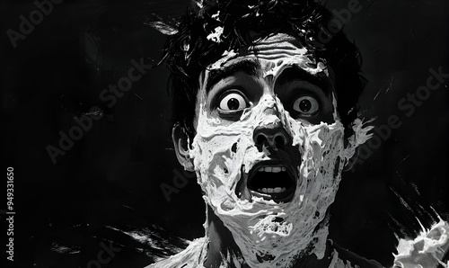 A close-up, black and white photo of a man with shaving cream on his face, looking shocked and startled.