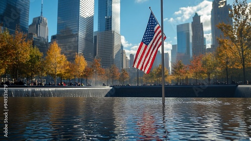 Close-up of the American flag at Ground Zero with the memorial fountains in the background