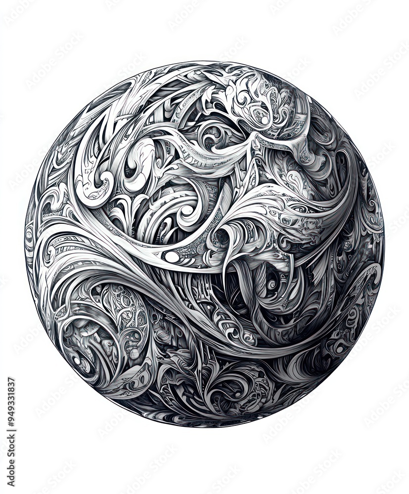 A decorative sphere featuring intricate swirling patterns in monochrome. A decorative sphere featuring intricate swirling patterns in monochrome.