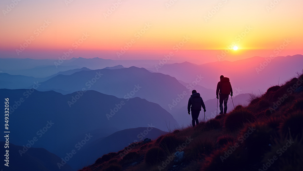 Two hikers trekking along a mountainous ridge at sunset with layers of blue and purple mountains extending into the horizon The sky displays vibrant hues of orange and pink Two hikers trekking along a mountainous ridge at sunset with layers of blue and purple mountains extending into the horizon The sky displays vibrant hues of orange and pink