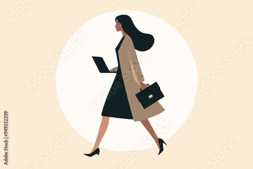 A career woman carrying a laptop walks quickly to the office to attend a meeting