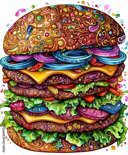 A vibrant, artistic hamburger stacked with colorful ingredients and decorative elements. photo