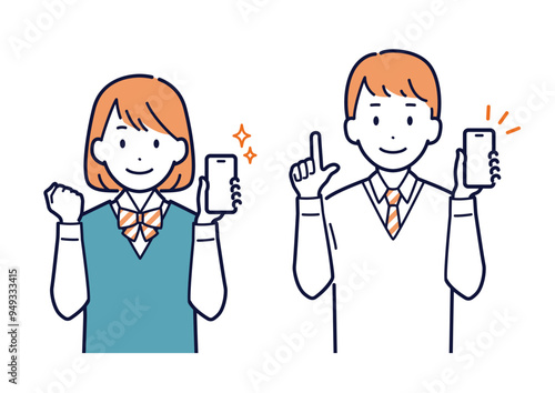 笑顔でスマホを持つ高校生のイラスト