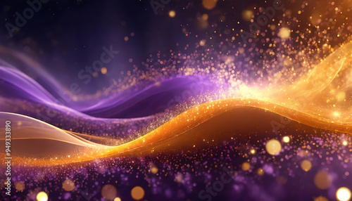 Abstract digital holographic orange amber, purple particles and waves with shiny sparkling dots and bokeh lights on dark blue violet wavy virtual surface and cyberspace background or wallpaper. 