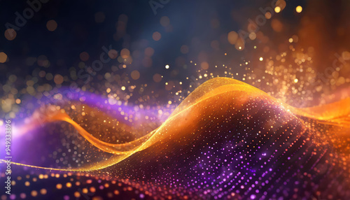 Abstract digital holographic orange amber, purple particles and waves with shiny sparkling dots and bokeh lights on dark blue violet wavy virtual surface and cyberspace background or wallpaper. 