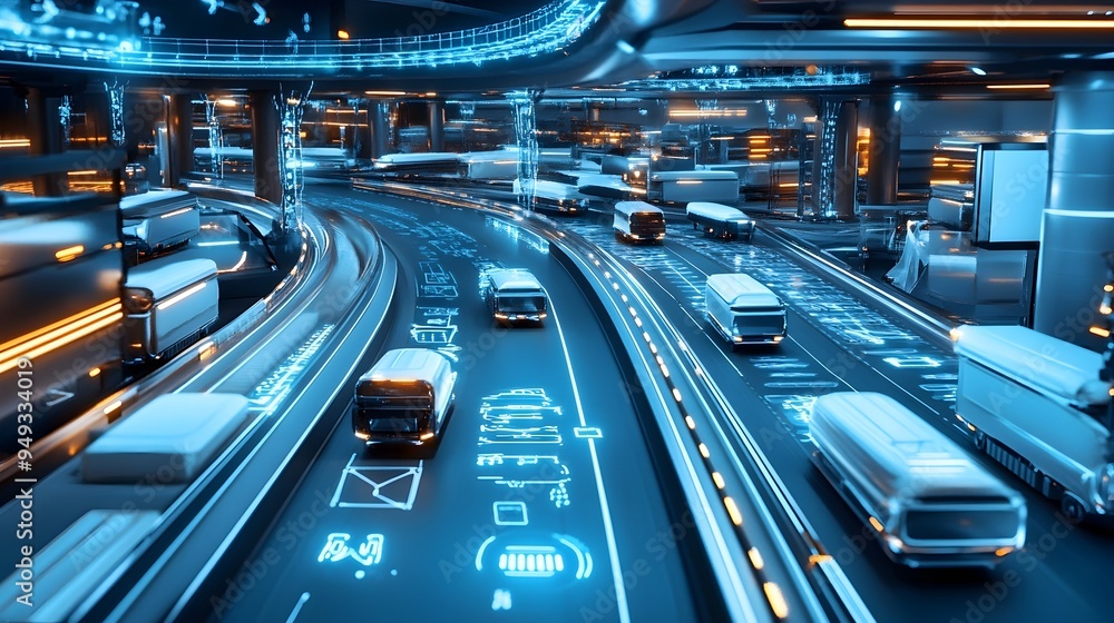 A photograph showcasing a futuristic logistics hub with automated vehicles and IoT Internet of Things connectivity highlighting the advancements in modern transportation and supply chain technology A photograph showcasing a futuristic logistics hub with automated vehicles and IoT Internet of Things connectivity highlighting the advancements in modern transportation and supply chain technology