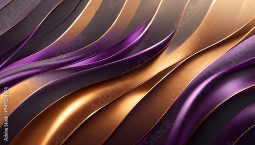 Elegant wavy metal modern abstract art background wallpaper in motion, moving waves of 3D metallic texture in shiny bronze, purple, violet color surface, contemporary fluid curved shapes wall design.