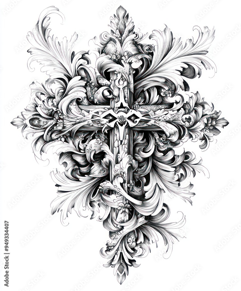 Ornate cross design with intricate floral patterns in black and white. Ornate cross design with intricate floral patterns in black and white.