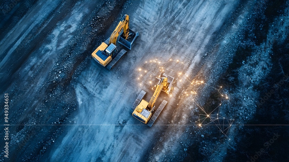 Cutting edge IoT connected excavators working seamlessly at a road construction site leveraging digital technologies to enhance productivity efficiency and progress in infrastructure development Cutting edge IoT connected excavators working seamlessly at a road construction site leveraging digital technologies to enhance productivity efficiency and progress in infrastructure development