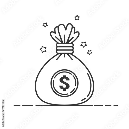Single dollar bill sack vector icon designed with black outline drawing isolated on white background. Can be used for website signs, business, financial or economic theme applications.