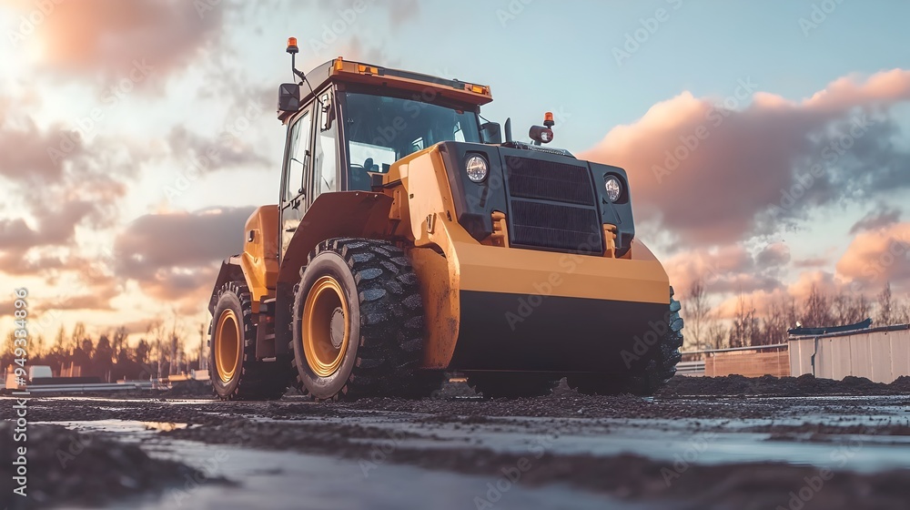 Photograph of a modern IoT connected smart compactor machine operating at a road construction site with ample copy space for text overlay or additional content Photograph of a modern IoT connected smart compactor machine operating at a road construction site with ample copy space for text overlay or additional content