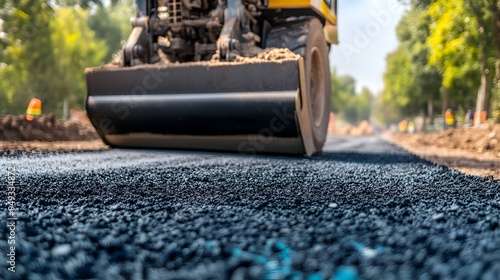 Photograph showcasing a smart IoT controlled compactor equipment in use at a road construction site with ample copy space for adding text overlays or captions