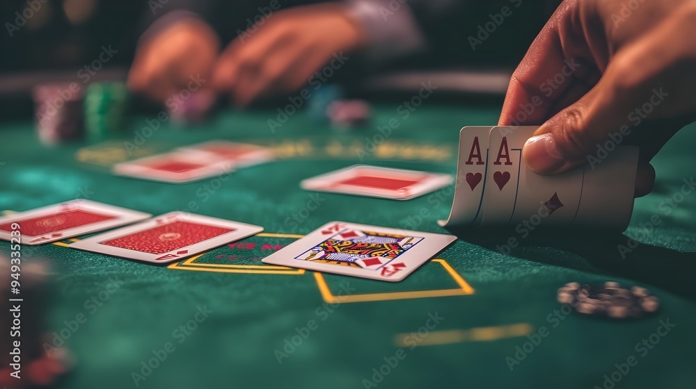 Hand Setting Down Visible Playing Card on Game Table with Surrounding Cards Hand Setting Down Visible Playing Card on Game Table with Surrounding Cards