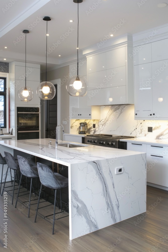 Kitchen scene with modern design and marble countertop, featuring bar stools Kitchen scene with modern design and marble countertop, featuring bar stools