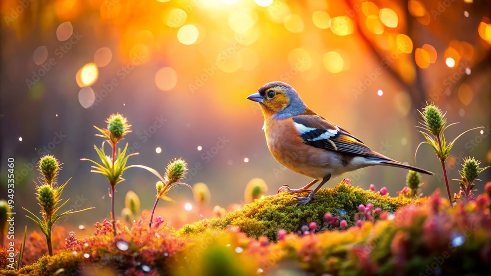 Dew-kissed forest floor cradles a finch, its feathers aglow with warm auroral colors, morning mist tenderly awakening leafy undergrowth, as soft focus whispers secrets. Dew-kissed forest floor cradles a finch, its feathers aglow with warm auroral colors, morning mist tenderly awakening leafy undergrowth, as soft focus whispers secrets.