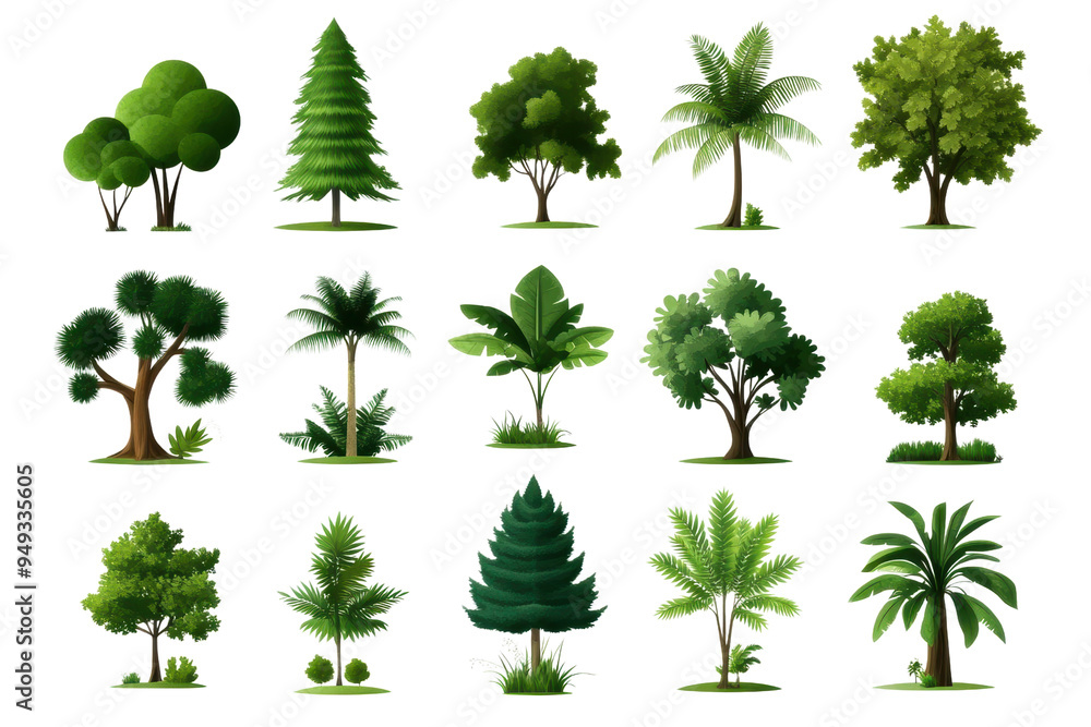 Fototapeta premium A collection of various illustrated trees, showcasing diverse shapes and shades of green, perfect for nature-themed projects.
