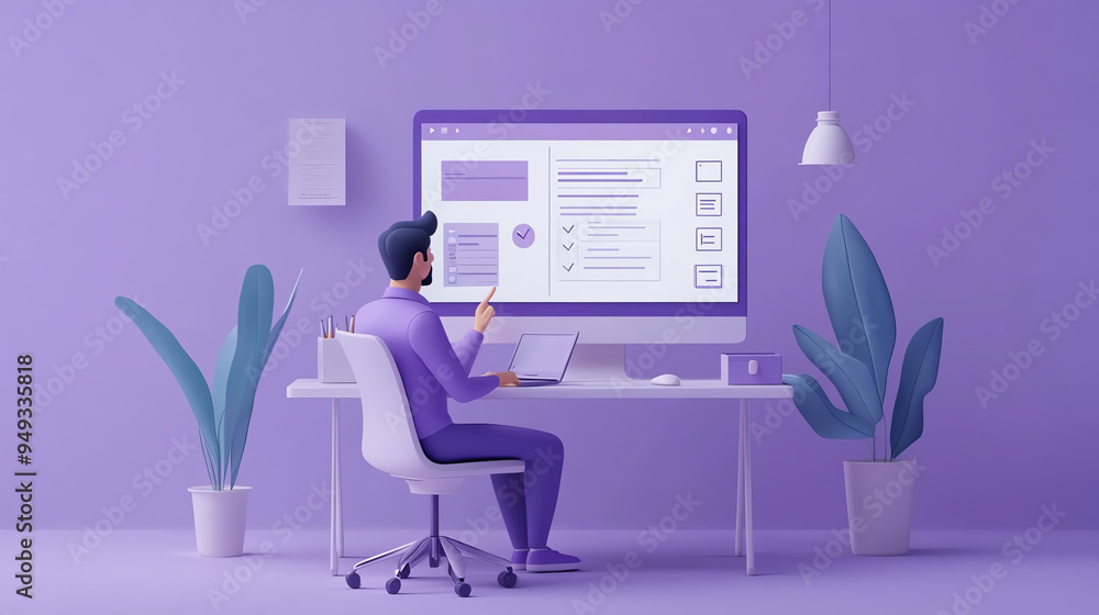 A modern workspace featuring a man using a laptop in a purple-themed environment, showcasing digital productivity and creativity. A modern workspace featuring a man using a laptop in a purple-themed environment, showcasing digital productivity and creativity.
