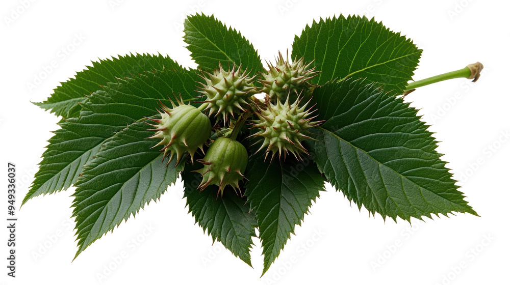 A close-up view of green spiky chestnut fruits on a branch with lush green leaves, showcasing vibrant nature and botanical beauty. A close-up view of green spiky chestnut fruits on a branch with lush green leaves, showcasing vibrant nature and botanical beauty.