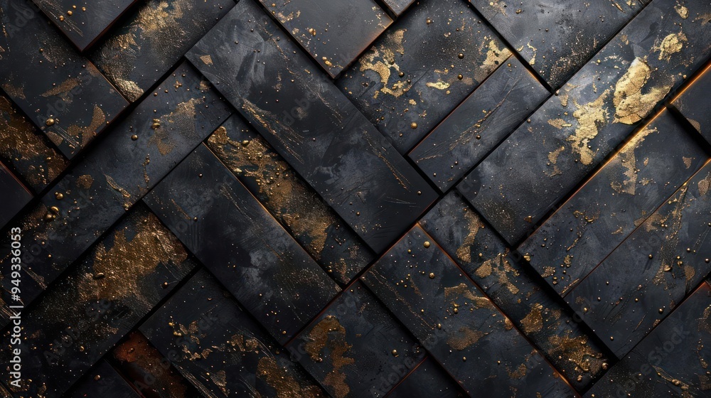 Golden wall with black, gold foil and gold leaf details. Golden wall with black, gold foil and gold leaf details.