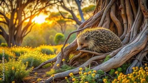 Ethereal vines enfold ancient tree trunks, cradling curled echidnas, as wildflowers sway beneath, bathed in warm golden light, exuding primal serenity.