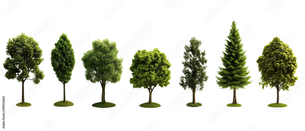 Fototapeta premium A collection of various trees showcasing different shapes and sizes, ideal for nature and landscape themes.
