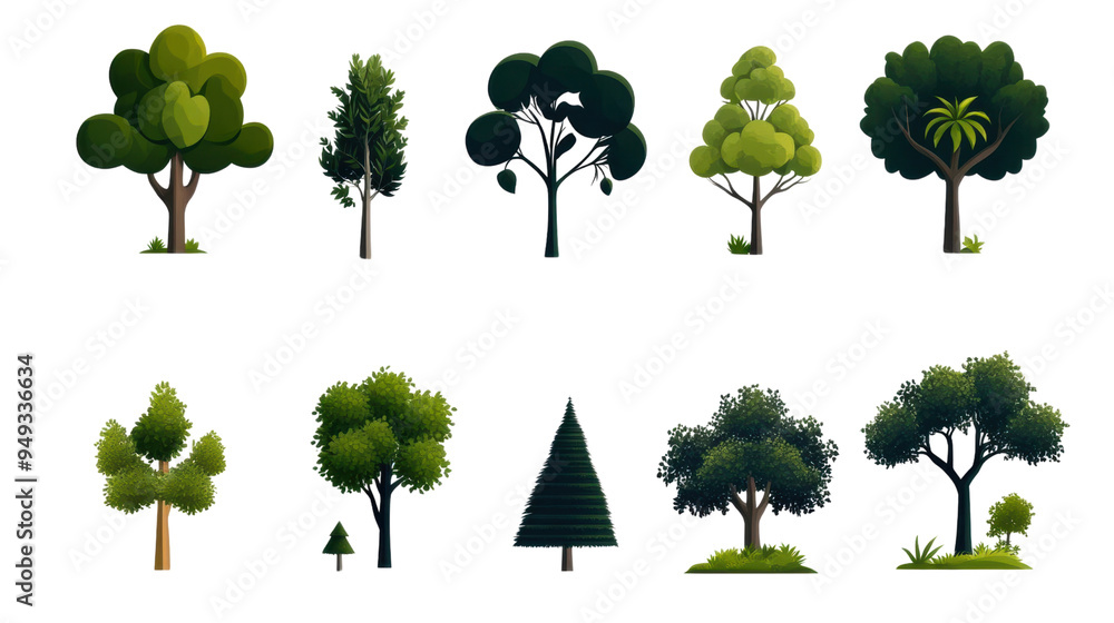 Fototapeta premium A collection of diverse trees illustrated in vibrant colors, perfect for nature-themed designs and projects.