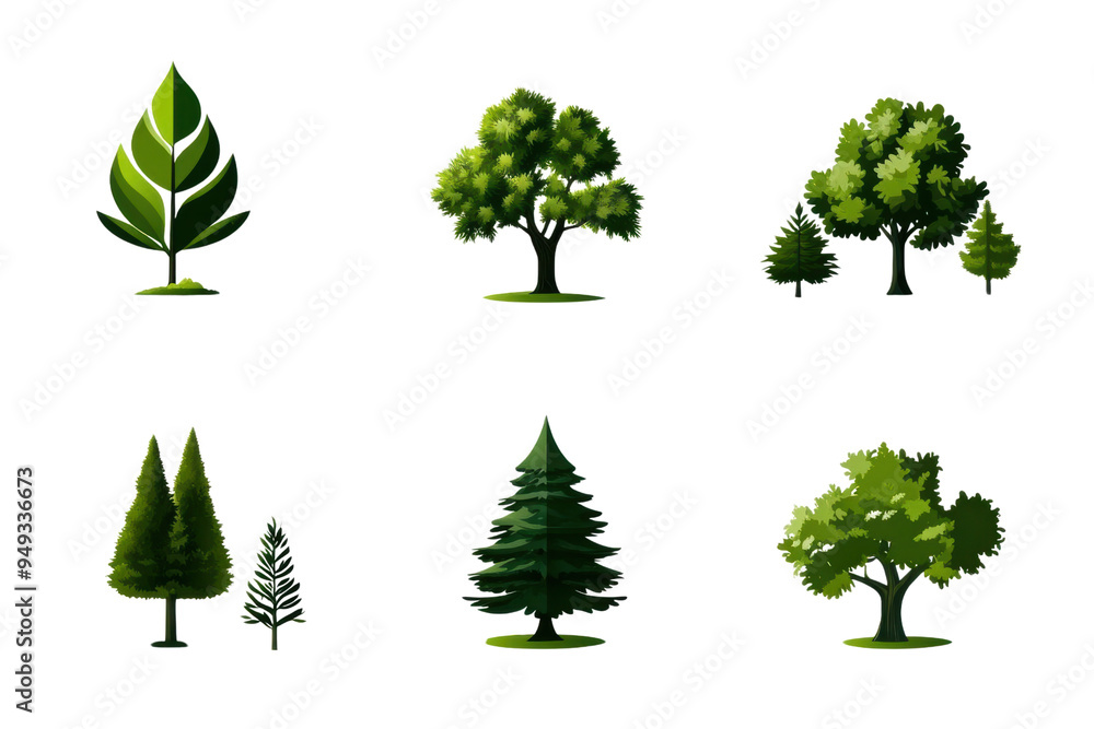 Fototapeta premium A collection of various green trees showcasing different shapes and sizes, perfect for nature-themed projects.