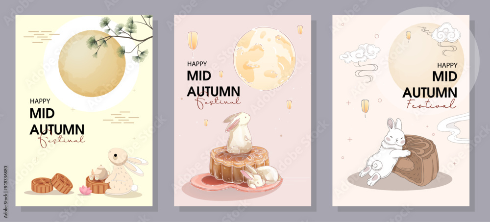 Set of Mid-Autumn Festival card designs with the full moon, rabbits, and Asian patterns. Vector illustration. Mid-Autumn Festival. Set of Mid-Autumn Festival card designs with the full moon, rabbits, and Asian patterns. Vector illustration. Mid-Autumn Festival.