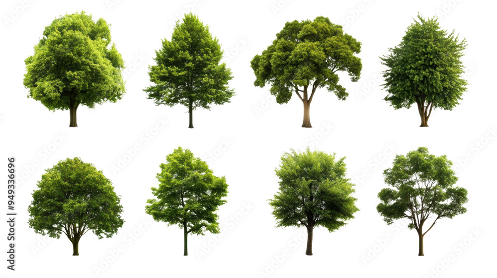 A collection of eight distinct trees showcasing various shapes, sizes, and foliage. Ideal for nature-themed designs and illustrations. A collection of eight distinct trees showcasing various shapes, sizes, and foliage. Ideal for nature-themed designs and illustrations.