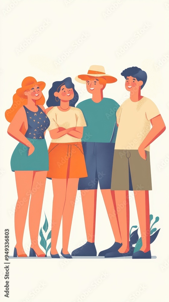 Obraz premium Friends gather under the sun, dressed in colorful summer clothes, sharing laughter and good vibes in a cheerful outdoor atmosphere
