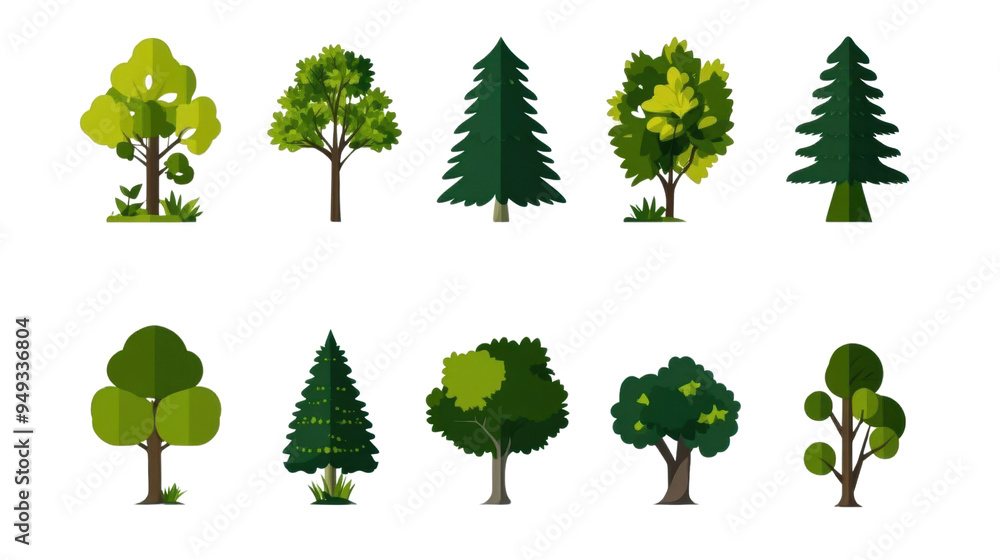 Fototapeta premium A collection of vibrant, stylized trees showcasing various shapes and colors, perfect for nature-themed projects.