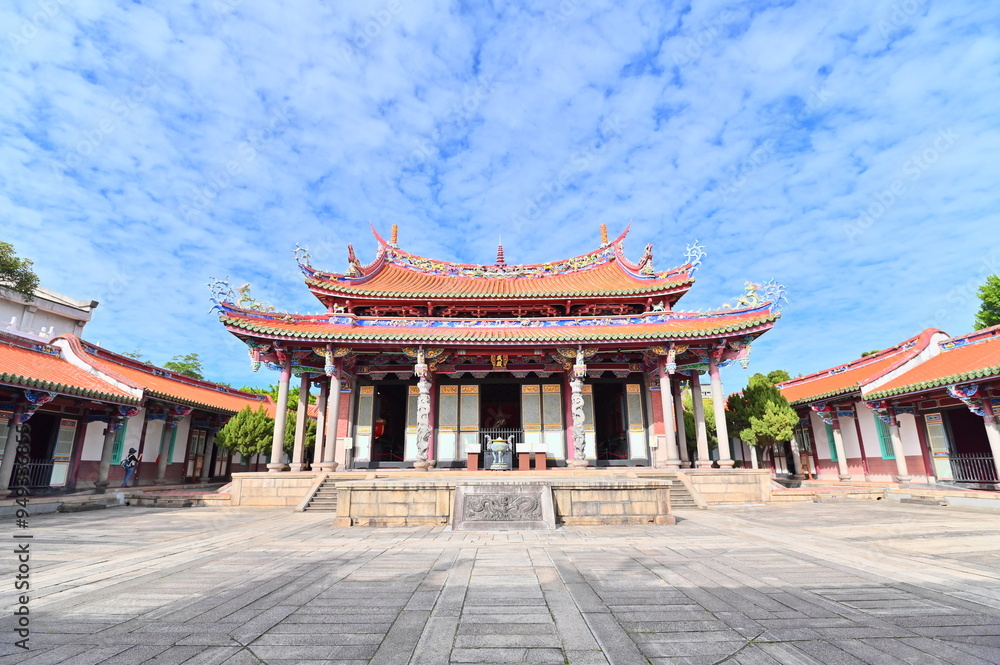Taiwan - Jan 17, 2024: The Dachen Hall, standing in the center of a vast granite courtyard at Taipei Confucius Temple, houses the plaque of Confucius, the revered Sage. Taiwan - Jan 17, 2024: The Dachen Hall, standing in the center of a vast granite courtyard at Taipei Confucius Temple, houses the plaque of Confucius, the revered Sage.