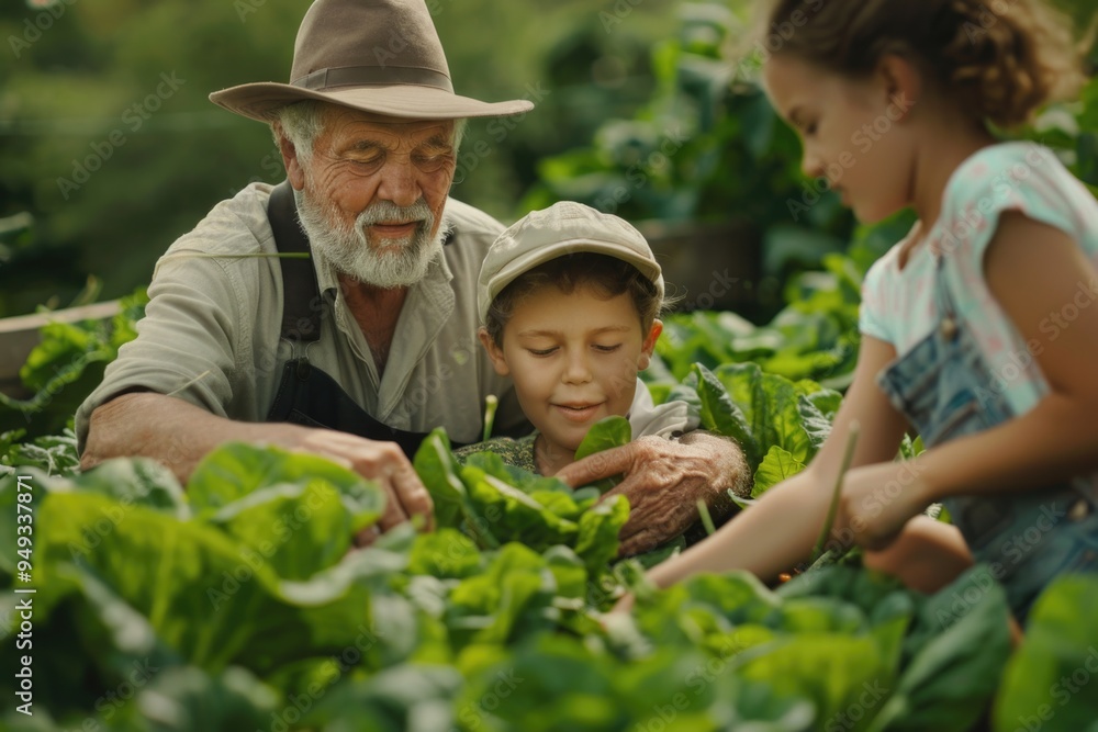 A man surrounded by two children in a peaceful garden setting, suitable for family or nature-related themes A man surrounded by two children in a peaceful garden setting, suitable for family or nature-related themes