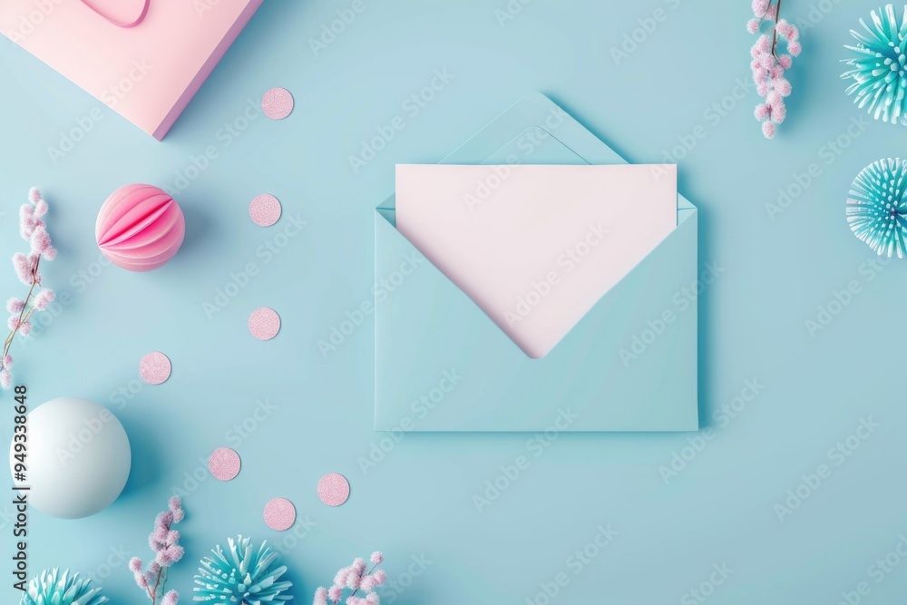 A decorative envelope surrounded by pink and blue accents A decorative envelope surrounded by pink and blue accents