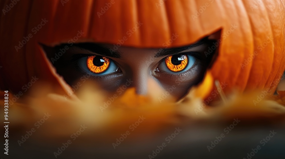 Fototapeta premium A captivating close-up of glowing orange eyes peering from inside a pumpkin, evoking Halloween enchantment and mystery.