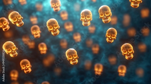 A captivating digital abstract featuring glowing skulls amidst a vibrant background, symbolizing mystery and the unknown. photo