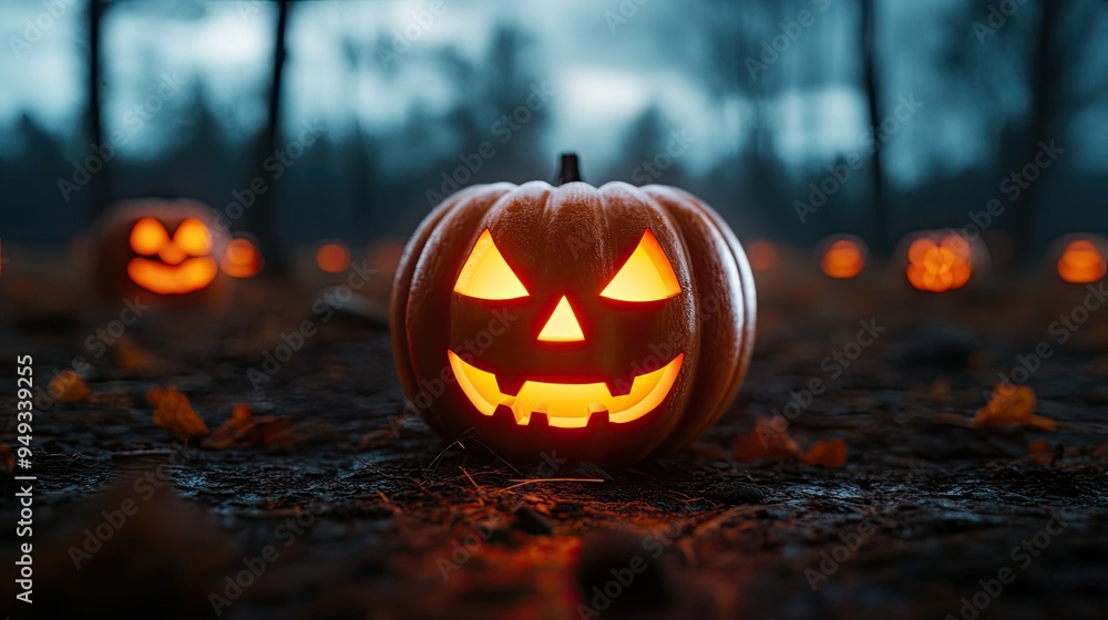 A glowing Halloween pumpkin with a spooky face, surrounded by autumn leaves and other carved pumpkins in a dark, moody setting. A glowing Halloween pumpkin with a spooky face, surrounded by autumn leaves and other carved pumpkins in a dark, moody setting.