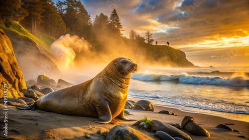Golden light befalls the elephant seal's rugged hide, while morning fog wraps around weathered trunks, conjuring an aura of ancient grandeur on West Coast shores.