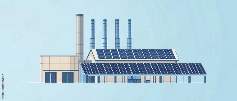 Illustration of a modern factory with solar panels, showcasing renewable energy and sustainability in industrial design Illustration of a modern factory with solar panels, showcasing renewable energy and sustainability in industrial design
