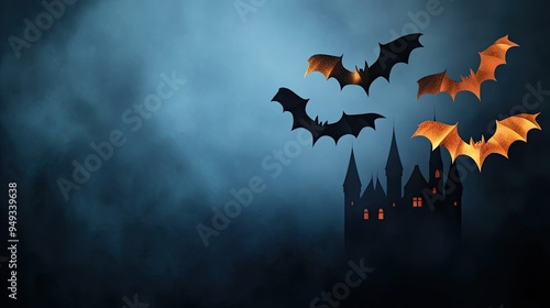 A haunting scene featuring bats flying over a dark castle, perfect for Halloween themes and eerie atmospheres. photo