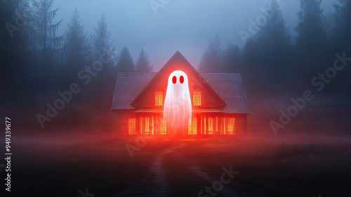 A haunting scene of a ghostly figure emerging from a foggy, eerie house illuminated by red light. photo