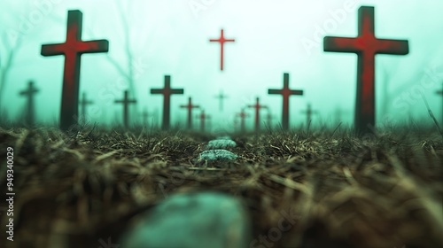 A misty graveyard with red crosses dotting the landscape, creating a haunting and eerie atmosphere perfect for horror themes.