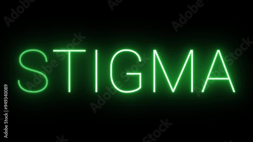 Flickering neon green glowing stigma text animated on black background