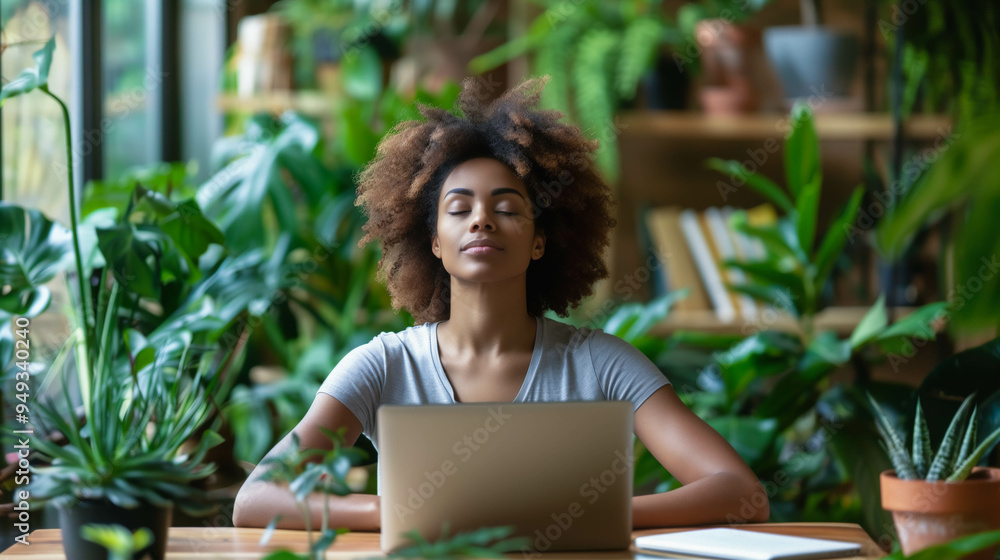 Businesswoman Meditating Amidst Office Greenery Businesswoman Meditating Amidst Office Greenery