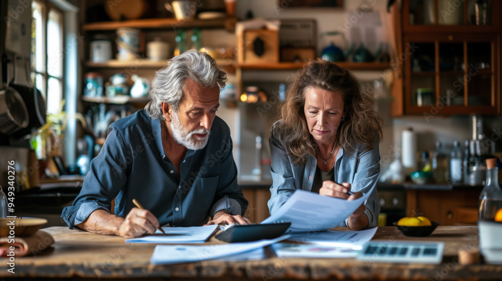Senior couple planning finances at kitchen table Senior couple planning finances at kitchen table